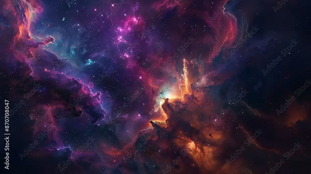 A serene depiction of a galaxy with vibrant nebulae and a starlit sky A serene depiction of a galaxy with vibrant nebulae and a starlit sky