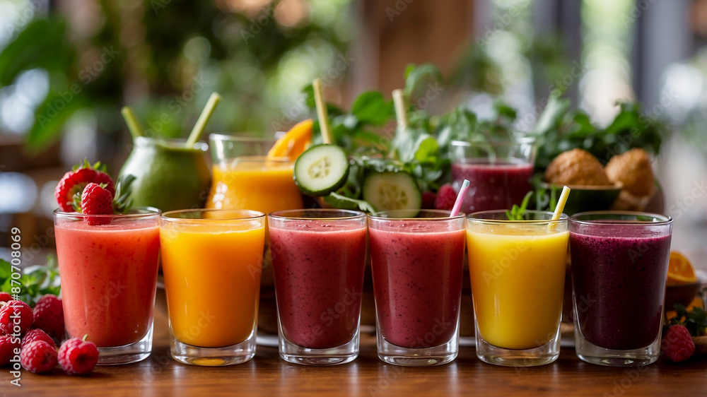 vitamin-enriched juices. Include vibrant colors from freshly squeezed orange juice, green detox juice with kale and cucumber, and a berry blend with strawberries and raspberries. The juices vitamin-enriched juices. Include vibrant colors from freshly squeezed orange juice, green detox juice with kale and cucumber, and a berry blend with strawberries and raspberries. The juices