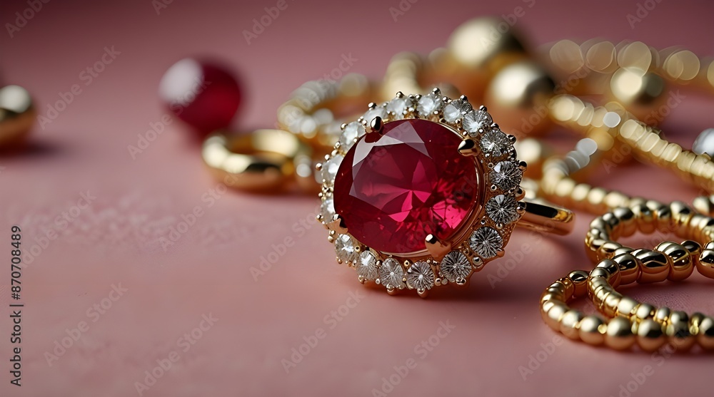 Jewellery diamonds ruby gold silver etc on pink background.generative.ai Jewellery diamonds ruby gold silver etc on pink background.generative.ai