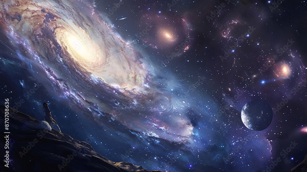 A stunning illustration of the universe with a nebula and distant galaxies A stunning illustration of the universe with a nebula and distant galaxies