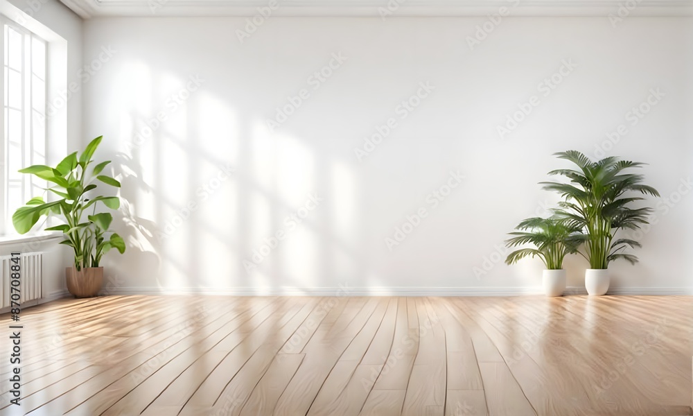 empty white room with a wooden floor and plants empty white room with a wooden floor and plants