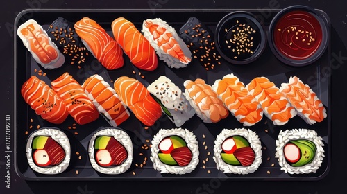 Assortment of Delicious Sushi Rolls on a Black Tray