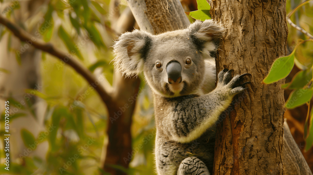Fototapeta premium Baby koala clinging to eucalyptus tree