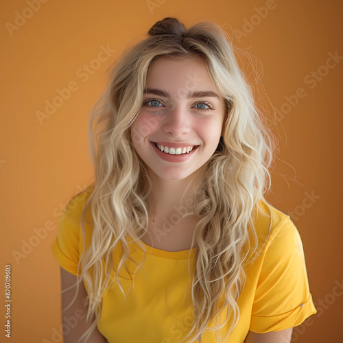 Portrait of beautiful cheerful young blonde woman. Photoshoot of beautiful young blonde lady, wearing yellow clothes with yellow background