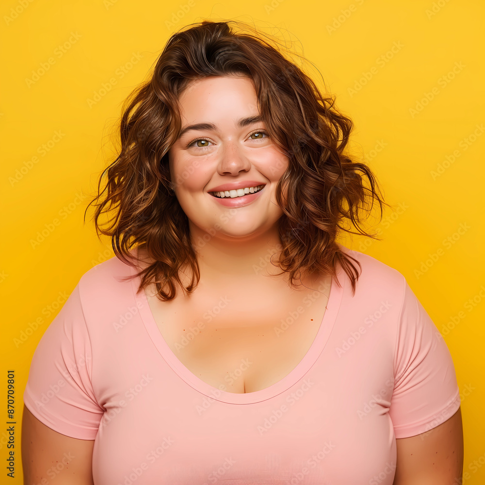Portrait of beautiful cheerful young fat brunette woman. Photoshoot of beautiful young blonde lady, wearing pink clothes with yellow background Portrait of beautiful cheerful young fat brunette woman. Photoshoot of beautiful young blonde lady, wearing pink clothes with yellow background
