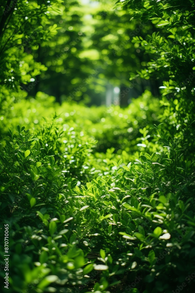 A dense thicket of vibrant green shrubs casts a cooling shade in the dappled sunlight of a forest. The leaves are lush and full, creating a sense of tranquility and peace in the natural world A dense thicket of vibrant green shrubs casts a cooling shade in the dappled sunlight of a forest. The leaves are lush and full, creating a sense of tranquility and peace in the natural world