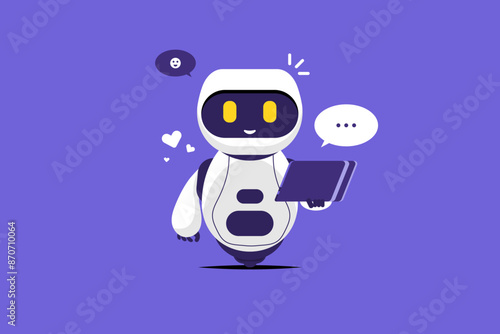 Smiling robot chat cartoon with tablet on isolated background, Vector illustration.