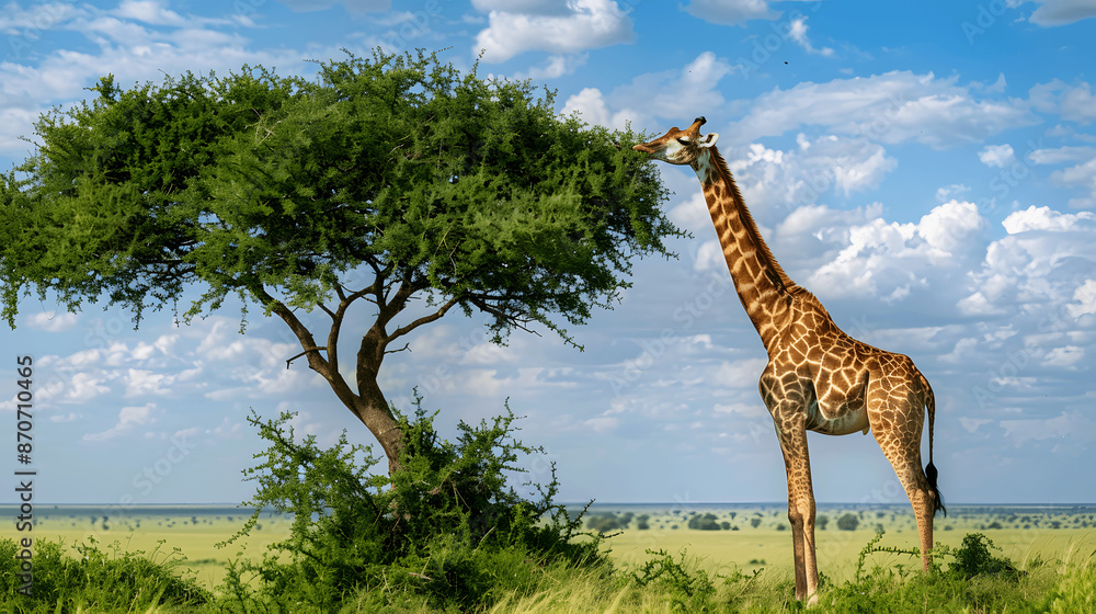 Obraz premium Giraffe nibbling leaves from tall acacia tree