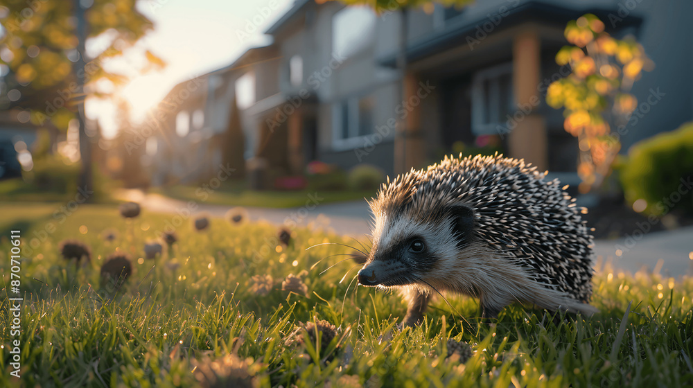 Hedgehog exploring suburban garden Hedgehog exploring suburban garden