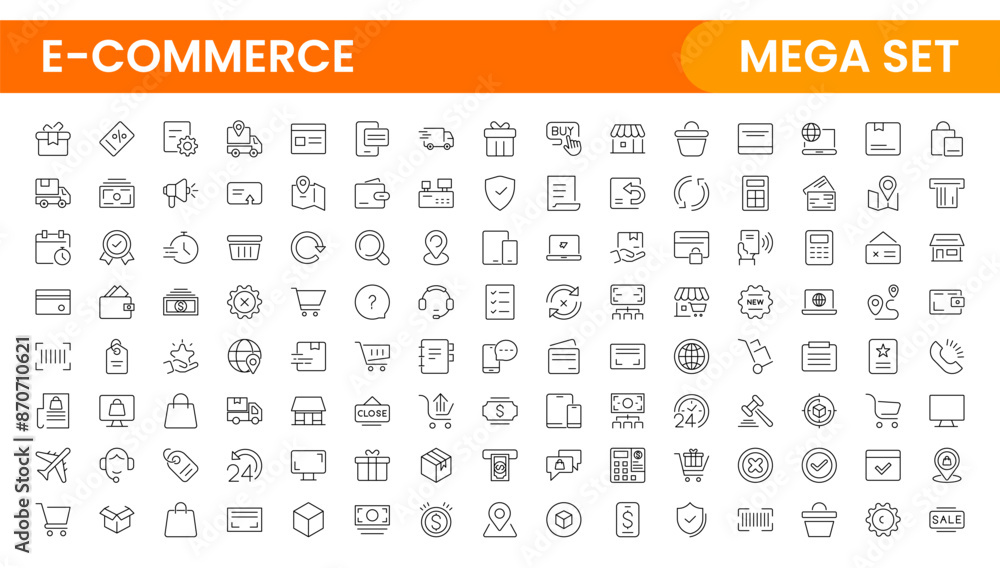 E-Commerce set of web icons in line style. Online shopping icons for web and mobile app. Business, mobile shop, digital marketing, bank card, gifts, sale, delivery. Vector illustration E-Commerce set of web icons in line style. Online shopping icons for web and mobile app. Business, mobile shop, digital marketing, bank card, gifts, sale, delivery. Vector illustration