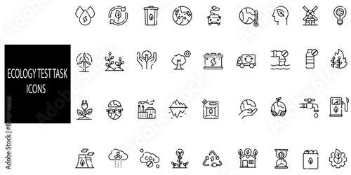 Ecology test task simple concept 36 icons set. Contains such renewable energy; electric bike, eco-friendly, forest, wind power, green symbol.Vector illustration.