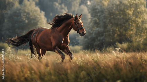 Horse galloping through grassy field