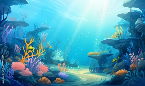 Underwater background with coral reef, flat design, top view, marine theme, cartoon drawing, vivid photo