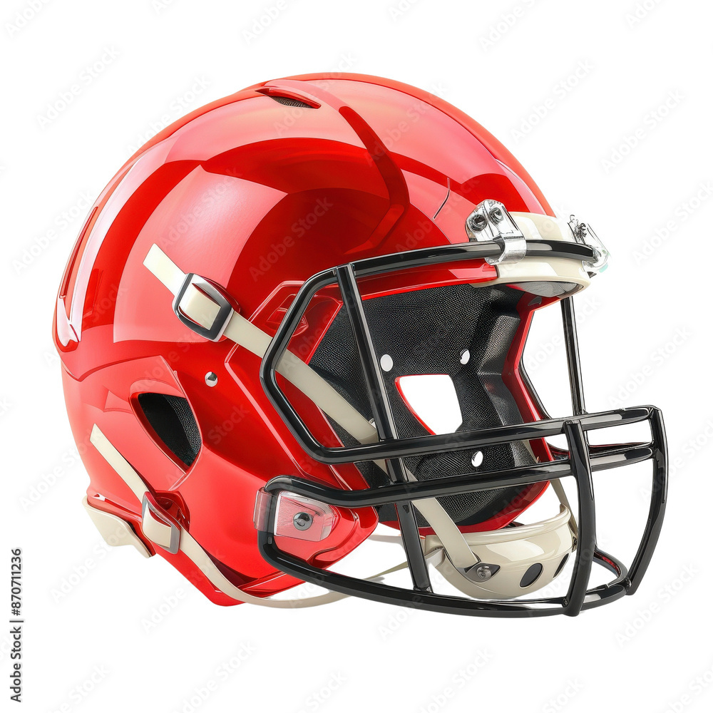 Shiny red American football helmet with black and white details, presented on a white background for sports equipment and safety gear concepts. Shiny red American football helmet with black and white details, presented on a white background for sports equipment and safety gear concepts.
