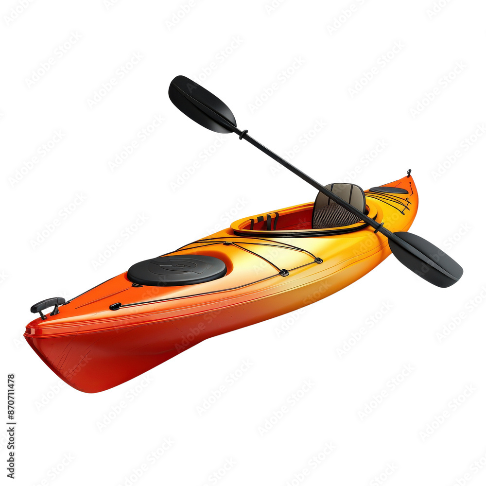 Vibrant red and yellow kayak with black paddles, floating ready for water adventure. Perfect for outdoor and sports activities imagery. Vibrant red and yellow kayak with black paddles, floating ready for water adventure. Perfect for outdoor and sports activities imagery.