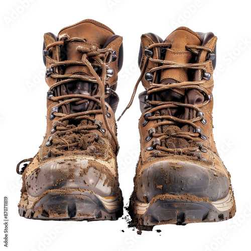 Worn leather hiking boots covered in mud isolated on white background, representing outdoor adventure and rugged durability. photo