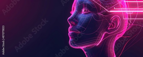 An illustration of a human face designed in pink on a black background