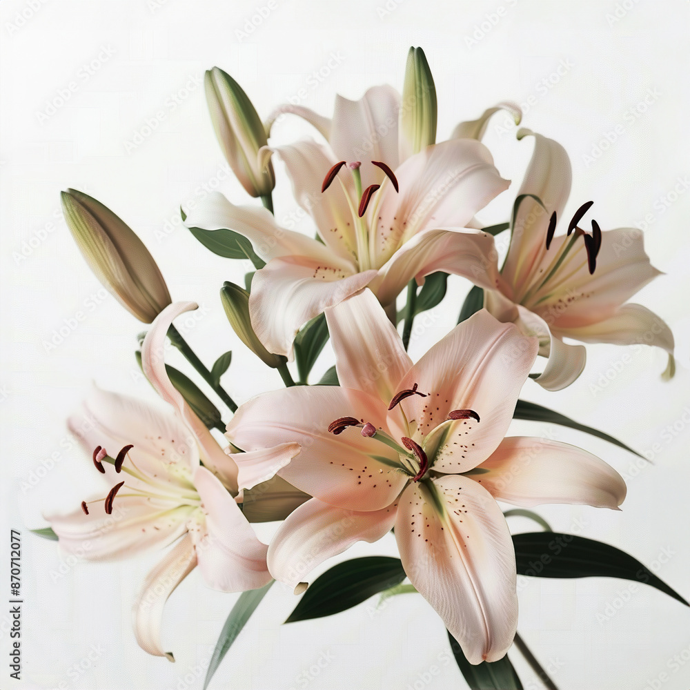 Obraz premium Pink and White Lily Bouquet with Green Leaves