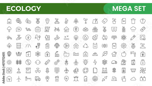 Ecology icon set. Environment, sustainability, nature, recycle, renewable energy; electric bike, eco-friendly, forest, wind power, green symbol. Solid icons vector collection.