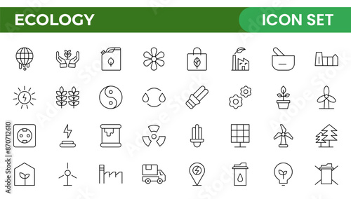 Ecology icon set. Environment, sustainability, nature, recycle, renewable energy; electric bike, eco-friendly, forest, wind power, green symbol. Solid icons vector collection.