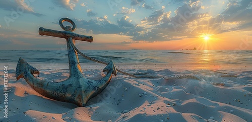 An anchor on white sand with views of the beach and sunset behind it photo