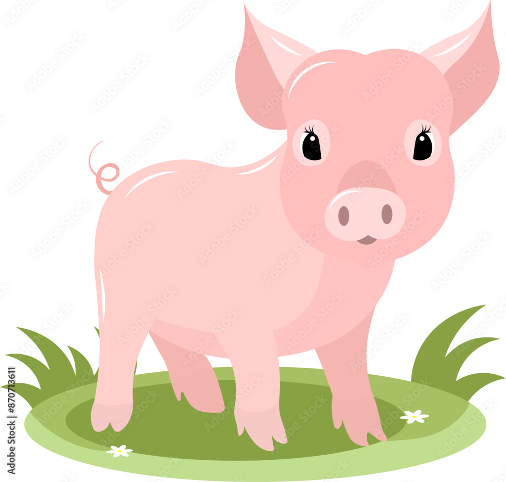 Naklejka premium Farm Animals. A pink piglet stands on green grass on a white background. Baby flat vector illustration.