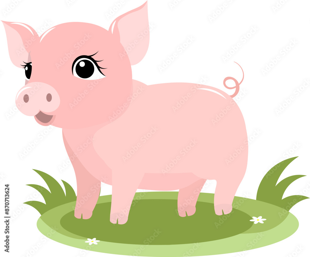 Farm Animals. Pink young pig on green grass on white background. Baby flat vector illustration. Farm Animals. Pink young pig on green grass on white background. Baby flat vector illustration.