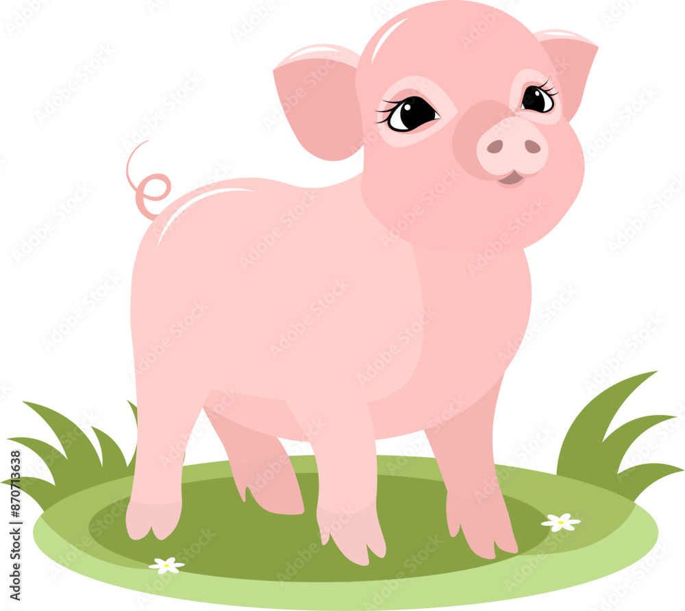 Fototapeta premium Farm Animals. Pink pig on green grass on a white background. Baby flat vector illustration.
