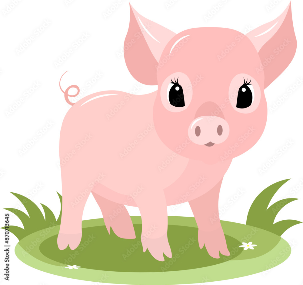 Naklejka premium Farm Animals. Cute pink pig on green grass on white background. Baby flat vector illustration.