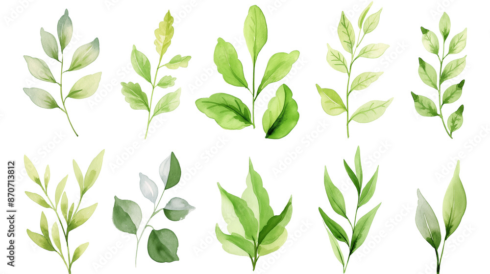 A series of green leaves are painted in watercolor isolated on a transparent background A series of green leaves are painted in watercolor isolated on a transparent background