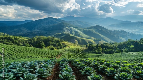 Cabbage field plantation on the mountain, Located Phu Tubburk, Thailand photo