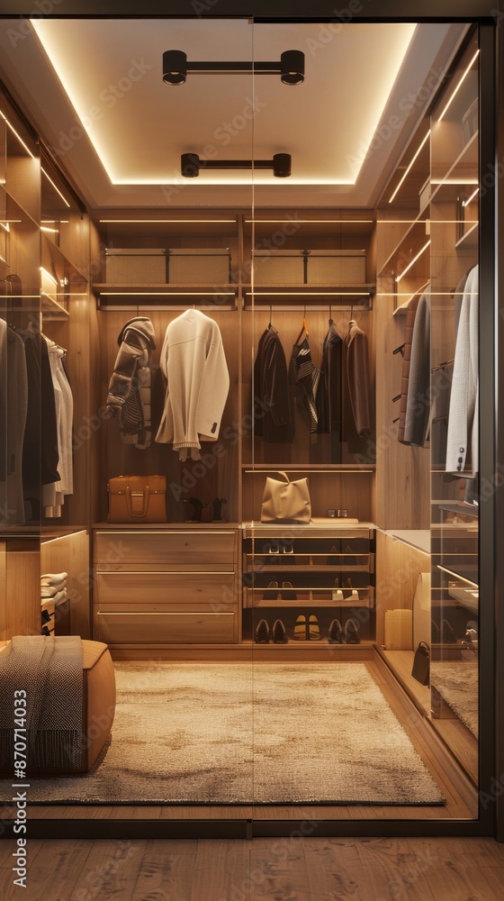 Luxury wooden walk-in closet with modern lighting and storage concept Luxury wooden walk-in closet with modern lighting and storage concept