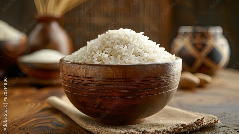 Rice in a wooden bowl with some neat and simple kitchen ornaments giving an elegant and attractive impression. food and beverage concept. rice is a symbol of prosperity. Rice in a wooden bowl with some neat and simple kitchen ornaments giving an elegant and attractive impression. food and beverage concept. rice is a symbol of prosperity.