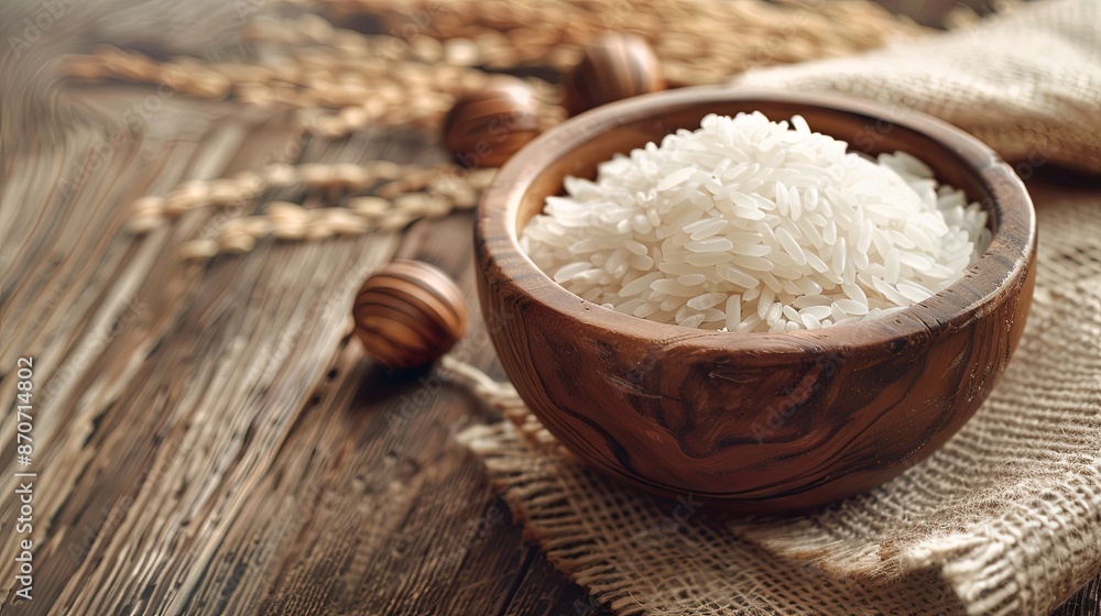Rice in a wooden bowl with some neat and simple kitchen ornaments giving an elegant and attractive impression. food and beverage concept. rice is a symbol of prosperity. Rice in a wooden bowl with some neat and simple kitchen ornaments giving an elegant and attractive impression. food and beverage concept. rice is a symbol of prosperity.