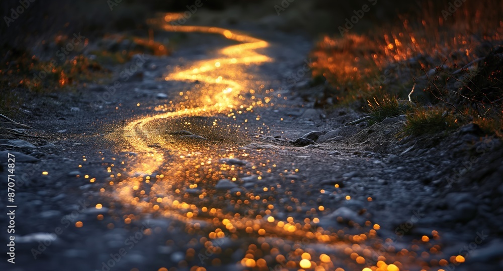 Long Thin Trail of Light Shaped Like S on Rocky Path Long Thin Trail of Light Shaped Like S on Rocky Path