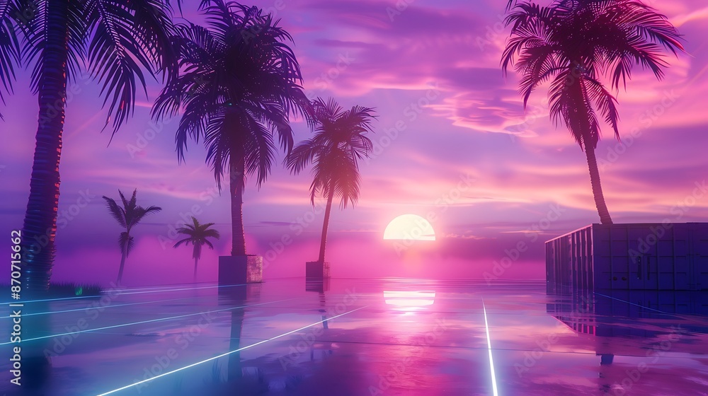 Naklejka premium Retro Sunset with Palm Trees and Neon Reflections