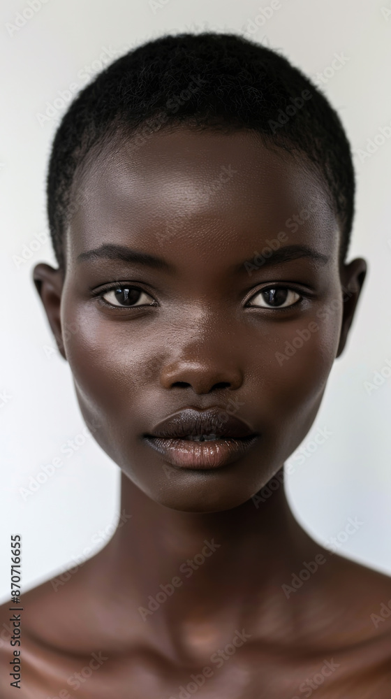 Close-up of an African model with short dark hair. Beautiful young woman posing, looking at the camera on a white background. Beauty and fashion concept. Close-up of an African model with short dark hair. Beautiful young woman posing, looking at the camera on a white background. Beauty and fashion concept.