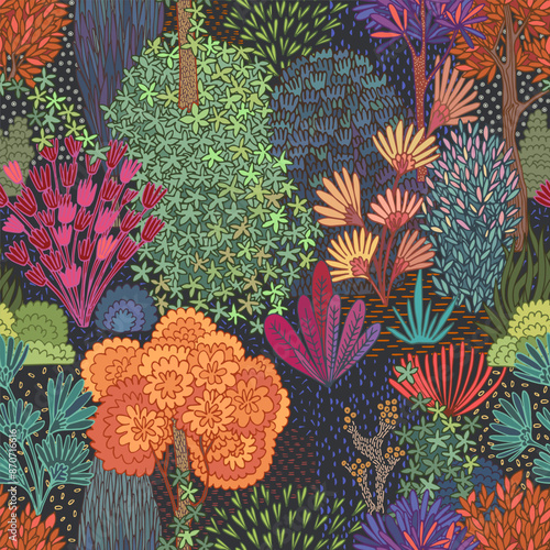 Hand drawn colorful forest. Seamless plant pattern.