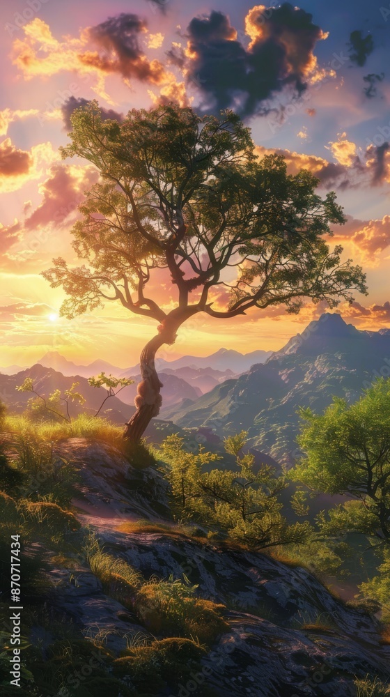 solitary tree on mountain at sunset with vibrant sky, serene landscape concept solitary tree on mountain at sunset with vibrant sky, serene landscape concept