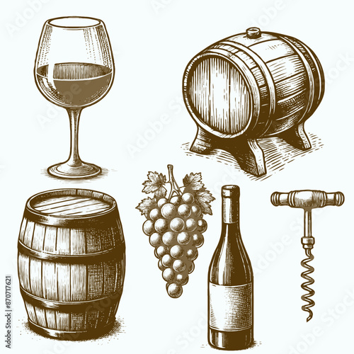 vector wine bottle and glass set  drawing vintage engraving style