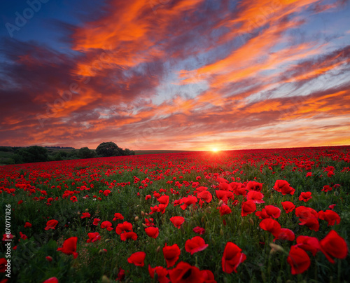 Magical flowering of red poppies closeup on a spring meadow against the sun. © Leonid Tit