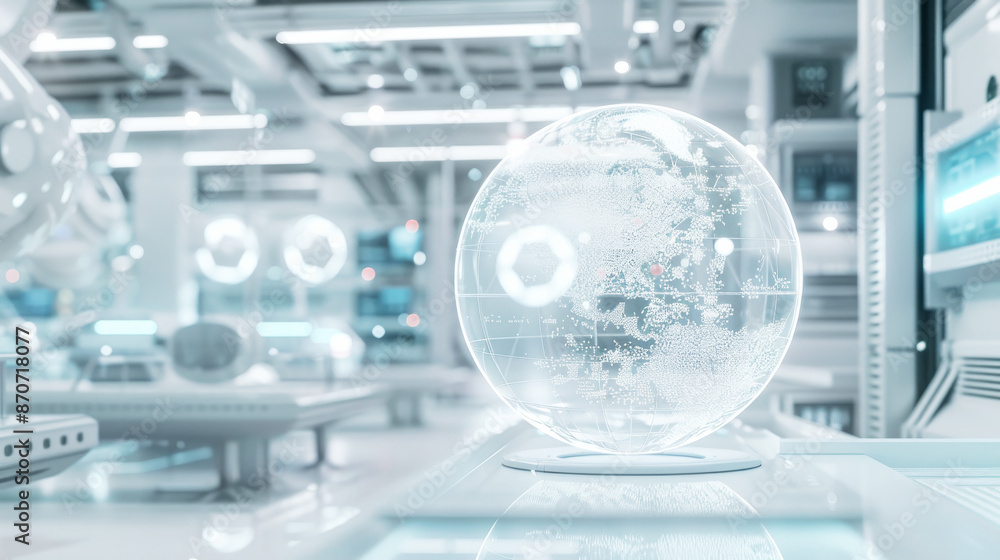 Fototapeta premium Hologram or plasma sphere in a white research lab. Advanced futuristic technology concept.