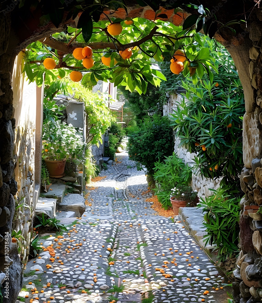 Obraz premium cobblestone alley under orange trees