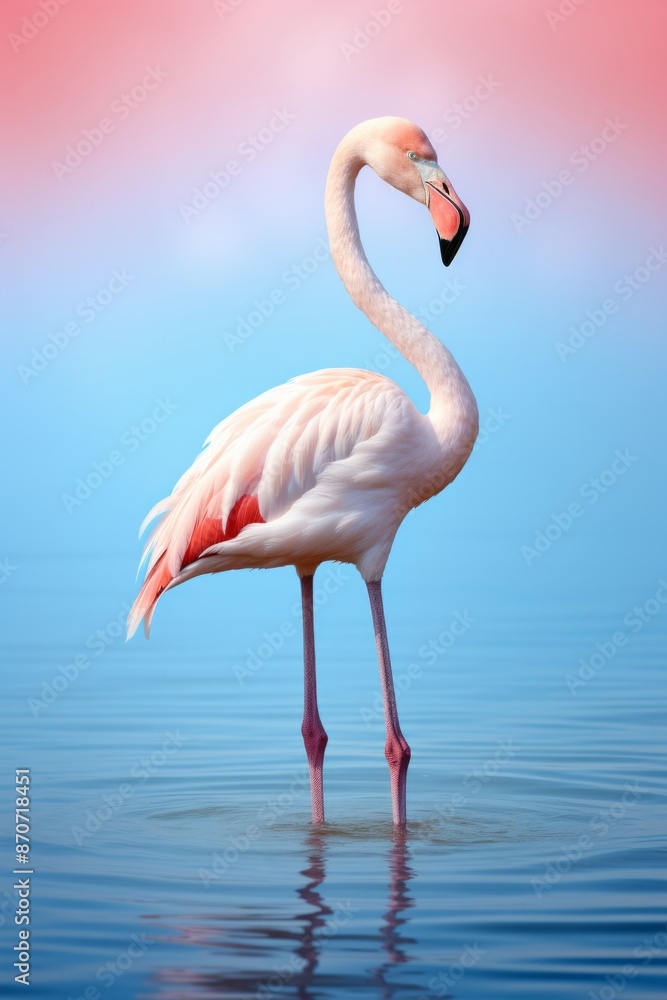 An exotic flamingo standing gracefully in shallow waters on a pastel pink background to the right of center and elegantly facing towards the center An exotic flamingo standing gracefully in shallow waters on a pastel pink background to the right of center and elegantly facing towards the center