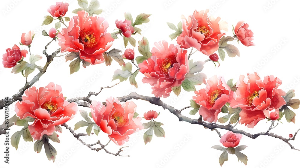 Watercolor Painting of a Branch with Red Flowers Watercolor Painting of a Branch with Red Flowers