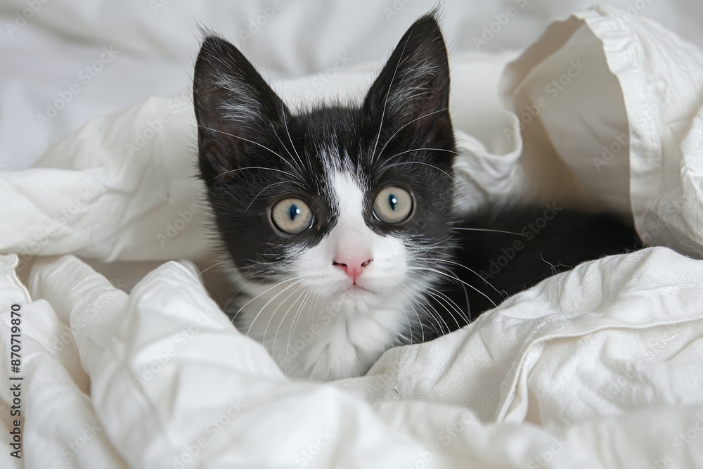Black And White Kitten Peeking Out From White Bedding Black And White Kitten Peeking Out From White Bedding