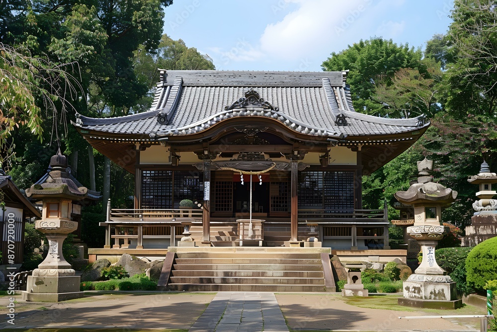 Japanese temple with stone lanterns and trees Japanese temple with stone lanterns and trees