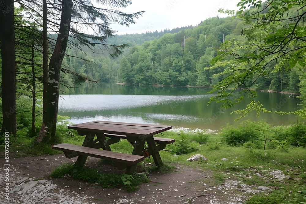 Obraz premium Wooden table and bench near the lake in the forest