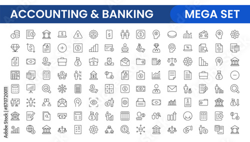 Set of line icons related to accounting, audit, and taxes. Outline icon collection. Business symbols.Income set. Containing money, tax, earnings, payment, paycheck, work, pension, and wages icons.