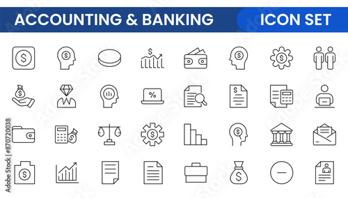 Set of line icons related to accounting, audit, and taxes. Outline icon collection. Business symbols.Income set. Containing money, tax, earnings, payment, paycheck, work, pension, and wages icons.